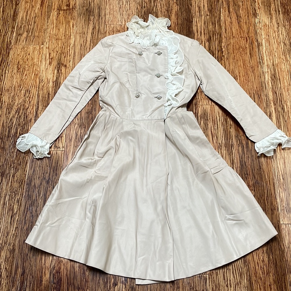 Vintage Mr. Frank New York tan ruffle trim jacket style wrap dress size 12 - Picture 3 of 16